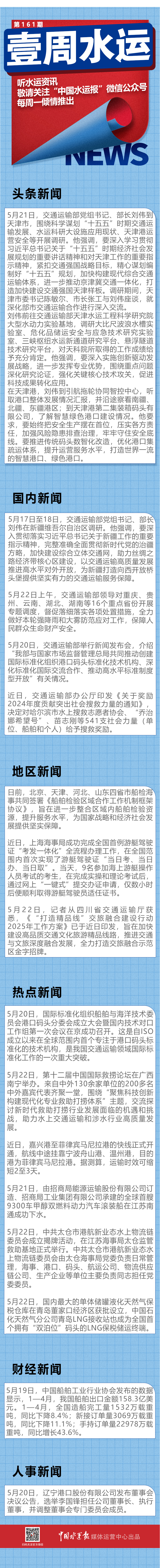 壹周水运| 刘伟到新疆、天津调研；前4月我国船舶出口金额158.3亿美元；李国锋任辽港股份（601880）董事长——中国水运网