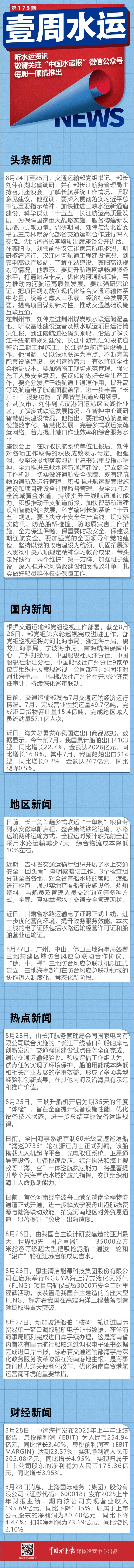 壹周水运| 刘伟在湖北调研；前7个月我国船舶出口超4000艘；中远海控上半年营收1090.99亿元——中国水运网