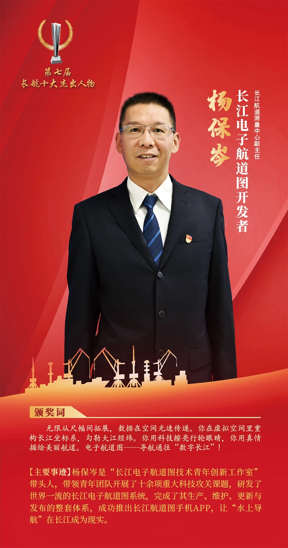 长江航道测量中心杨保岑同志荣获长航十大杰出人物称号